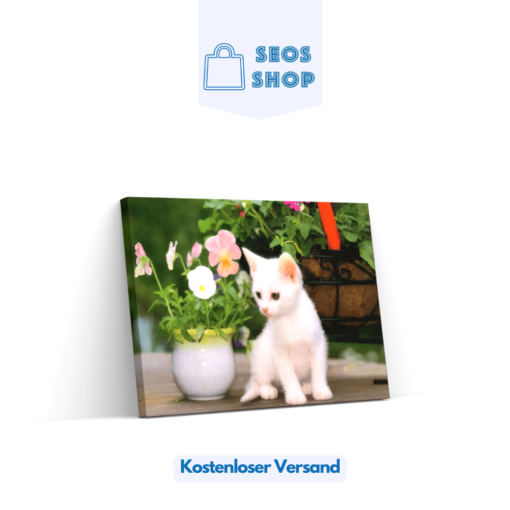 Diamond Painting Weiße Katze mit Blumen in Vase – SEOS Shop ®