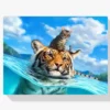 Diamond Painting Katze und Tiger im Meer an der Wand