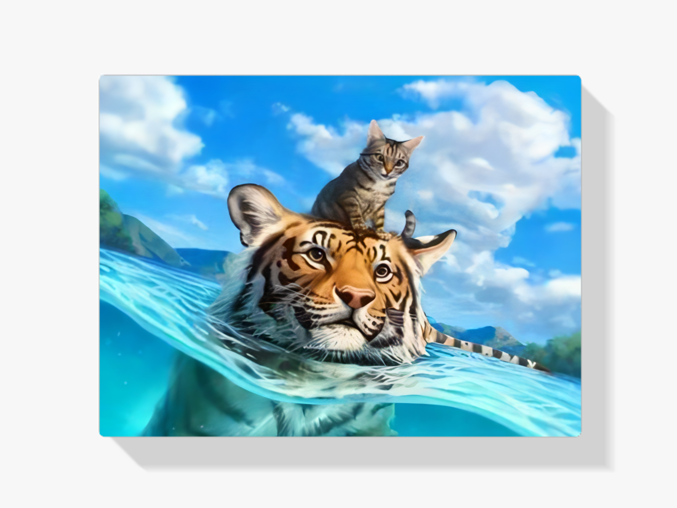 Diamond Painting Katze und Tiger im Meer an der Wand
