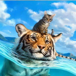 Diamond Painting Katze und Tiger im Meer