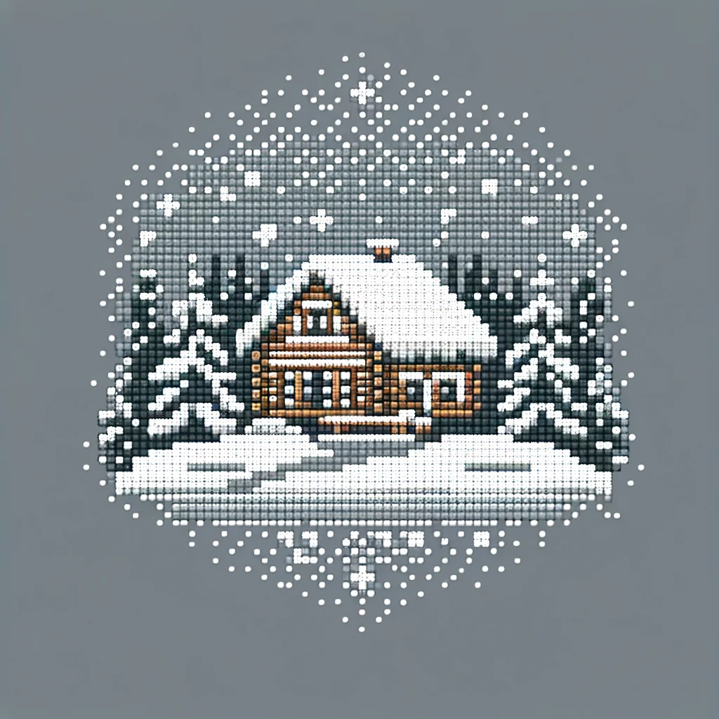 DALL·E 2023 12 25 08.16.26 Simple winter themed pattern with a cozy winter cabin using 1.5mm by 1.5mm square diamond painting beads on a grey background. The pattern should be