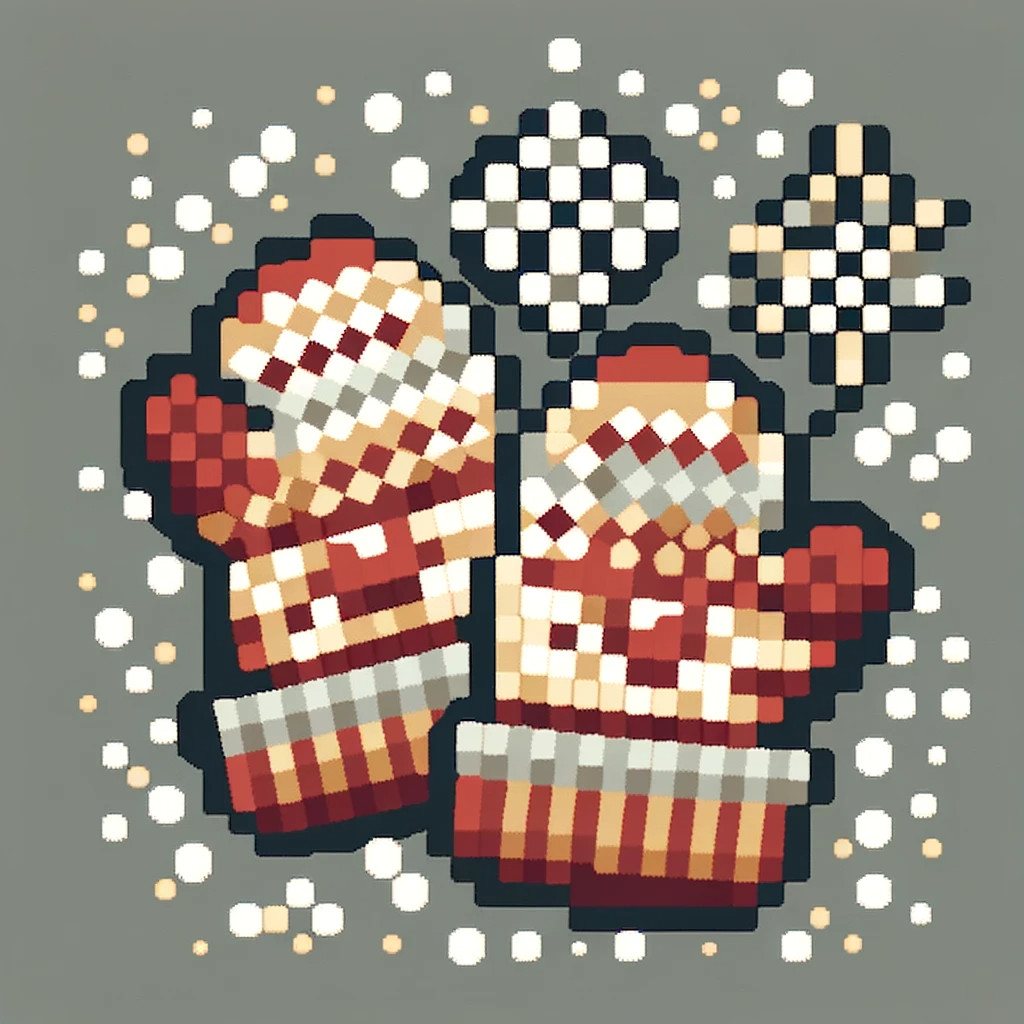 DALL·E 2023 12 25 08.16.28 Simple winter themed pattern featuring a pair of mittens created with 1.5mm by 1.5mm square diamond painting beads on a grey background. The design s