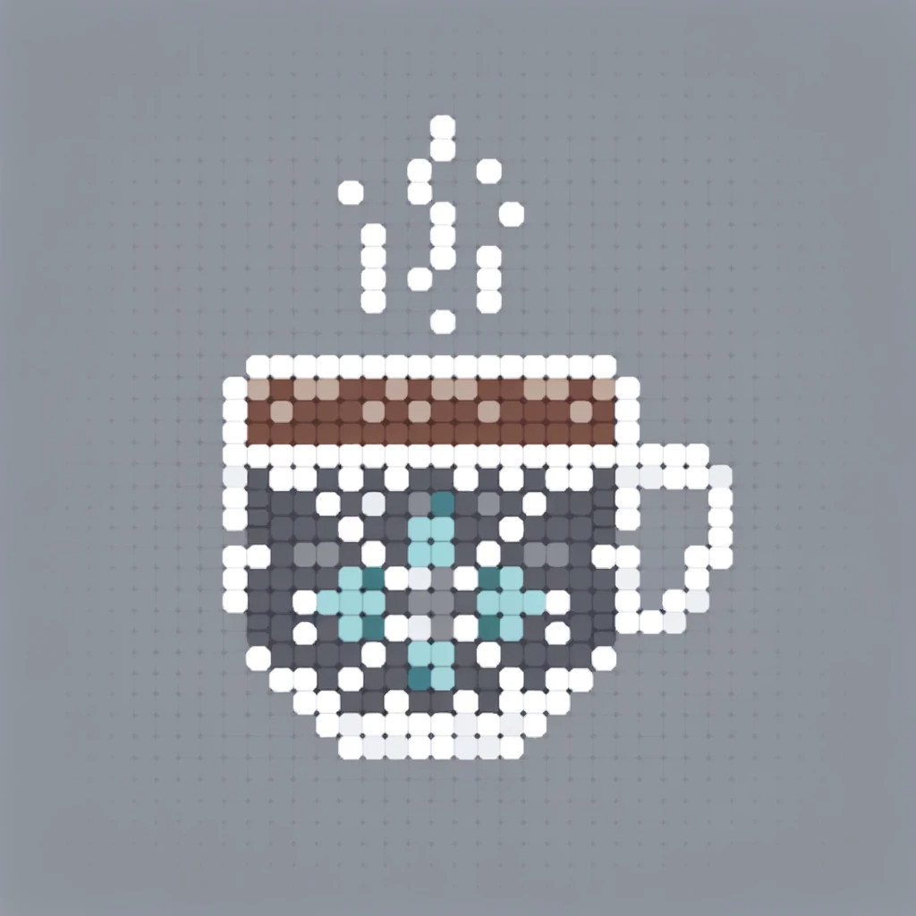 DALL·E 2023 12 25 08.16.29 Simple winter themed pattern with a hot cup of cocoa using 1.5mm by 1.5mm square diamond painting beads on a grey background. The design should be st
