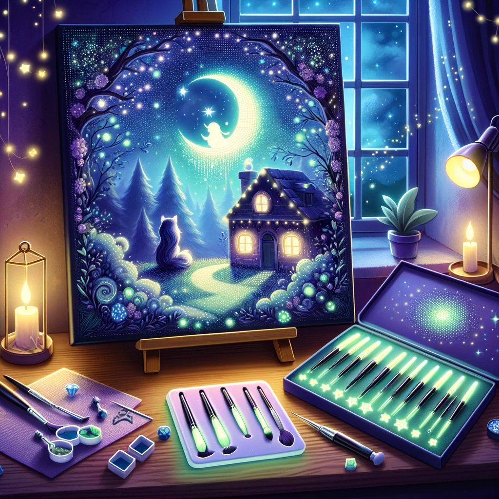 DALL·E 2023 12 25 10.20.00 A whimsical illustration of a Glow in the Dark Diamond Painting kit. The scene shows a diamond painting canvas with a nocturnal theme glowing softly