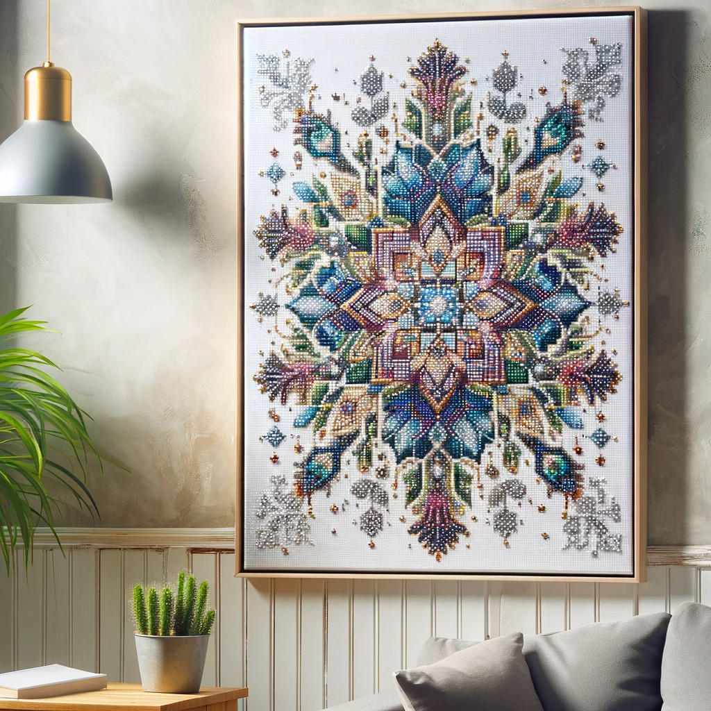 DALL·E 2023 12 25 11.07.34 A beautifully framed completed diamond painting hung on a wall depicting a DIY decoration for a home. The diamond painting is intricate and sparkles