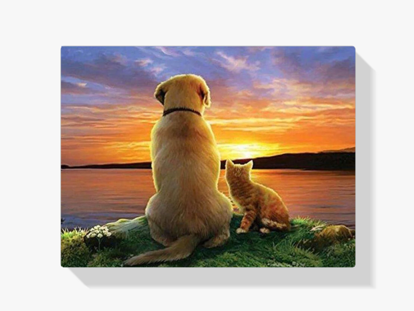 Hund und Katze bei Sonnenuntergang Diamond Painting