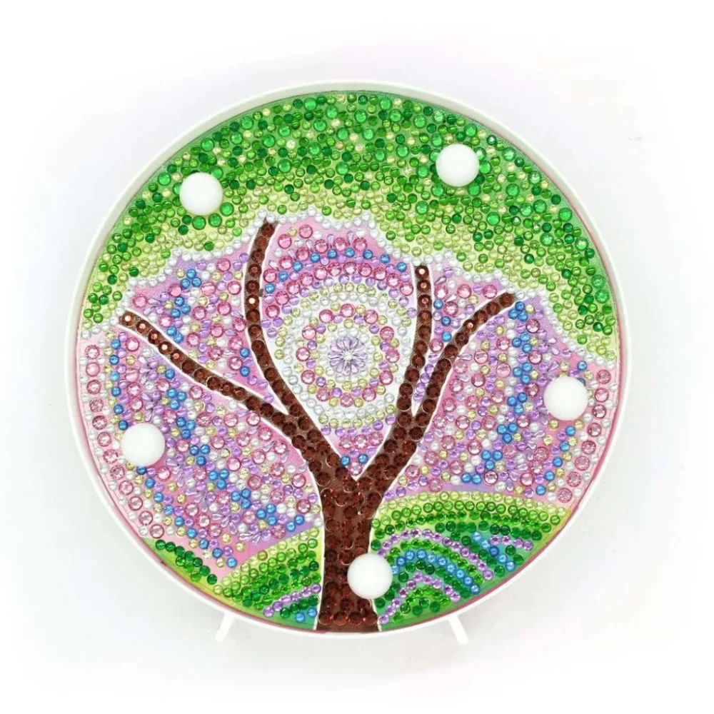 Runde Lampe Grüner Mandala-Baum Diamond Painting